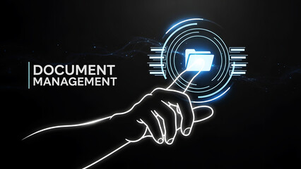 Document management system concept with hand interacting with digital interface