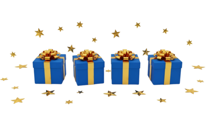 Four blue gift boxes with golden ribbon and stars