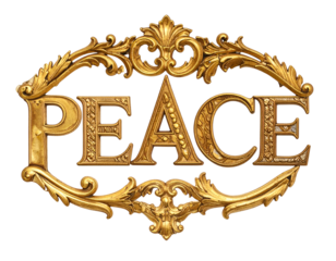 Ornate gold frame surrounds raised text spelling out "PEACE.