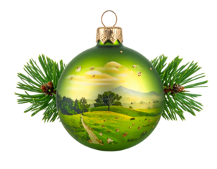 Green ornament reflecting a sunlit, rolling pastoral landscape