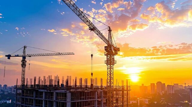 Construction site at sunset with cranes and a building under construction.