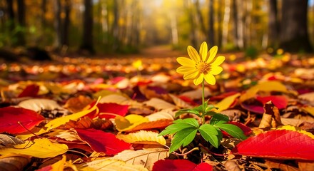 Autumnal Resilience - A Single Flower Amidst Fallen Leaves.