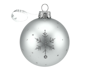 Frosted silver orb with snowflake and dots, ribbon hanger