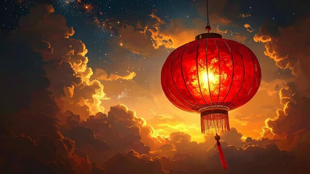 Glowing red lantern hangs against a dramatic sky with golden clouds and stars.