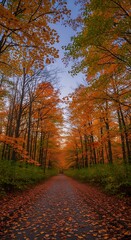 Obraz premium Autumnal Road - A Path Through Vibrant Fall Foliage.