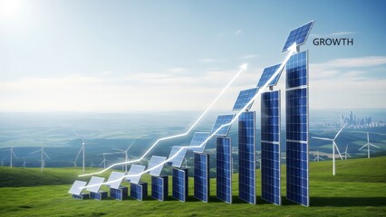 Renewable energy growth graph with solar panels and wind turbines in green landscape with ecology