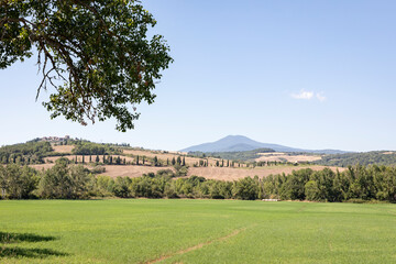 Tuscan rural landscape with a view to Contignano, comune of Radicofani, province of Siena, Tuscany, Italy