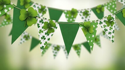 St. Patrick’s Day green bunting pennants with clover on white or transparent background. With shadow. AI GENERATED.
