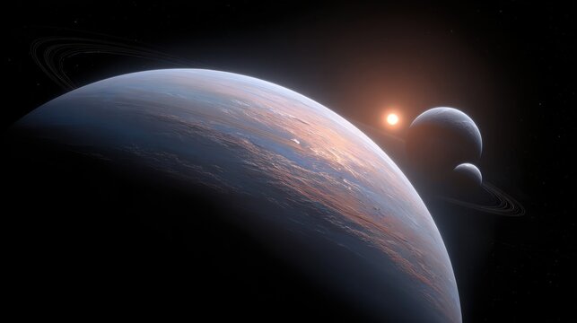 A view of several planets in a solar system. One planet has rings, and multiple smaller planets orbit around a sun. The background shows deep space