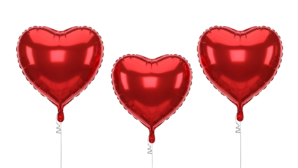 Three red heart shaped balloons on white background