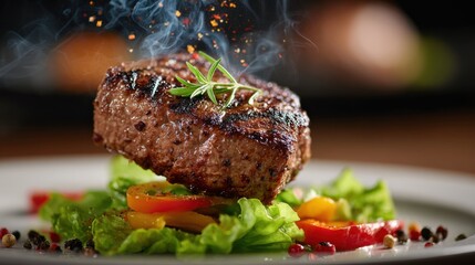 A grilled steak is placed on a mixed green salad with bell peppers and herbs. Smoke rises from the steak as it is presented on a plate with a bright and fresh look