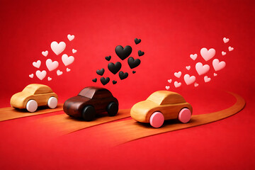 Wooden Toy Cars with Heart Symbols Representing Love and Relationships