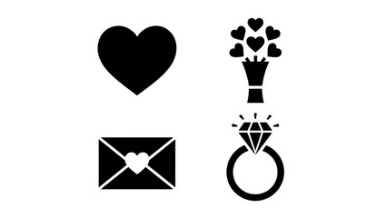 Minimalist Love and Romance Icon Set with Heart Flowers Envelope and Ring
