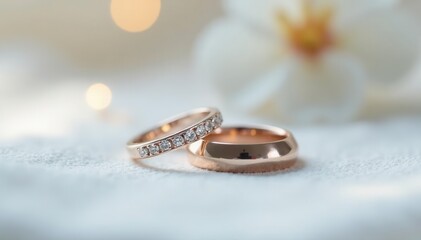 Delicate diamond rings, gently resting on white cloth , wedding, delicate