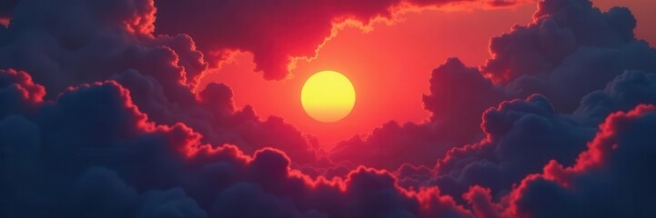 Crimson sun dips below bruised clouds, saturated colors explode, light, art, landscape