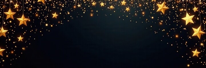 Golden star streamers & noisemakers border Black background , confetti, luxury, elegant