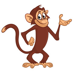 Cartoon funny brown monkey chimpanzee standing. Vector illustration isolated on white