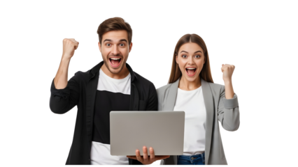 cheerful young couple shopping online with credit card and laptop isolated on white background