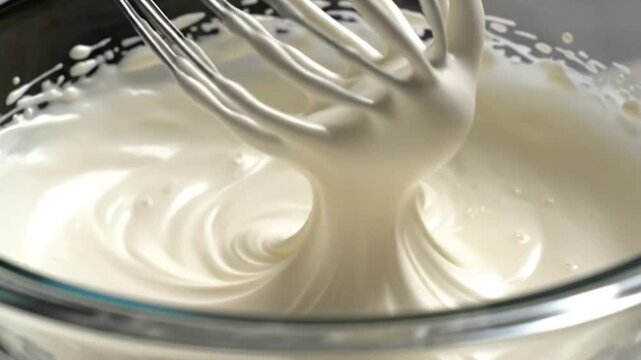 Close-up of a whisk lifting freshly whipped cream from a clear glass bowl, showcasing texture