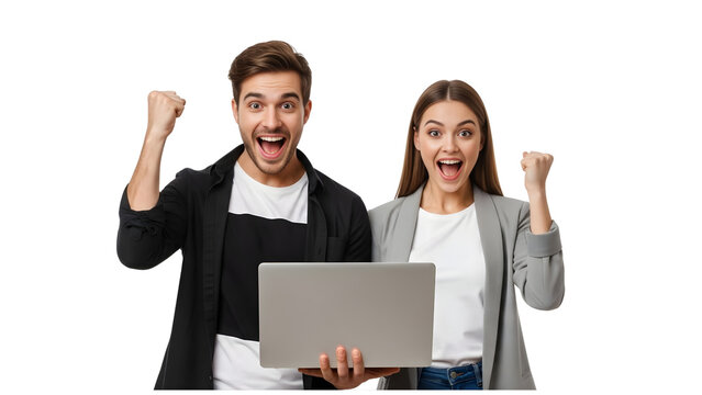 cheerful young couple shopping online with credit card and laptop isolated on white background - Powered by Adobe