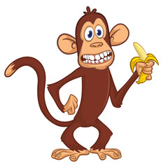 Obraz premium Cartoon funny monkey chimpanzee with banana in his hand. Vector illustration isolated on white