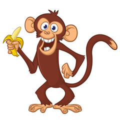 Cartoon funny monkey chimpanzee with banana in his hand. Vector illustration isolated on white