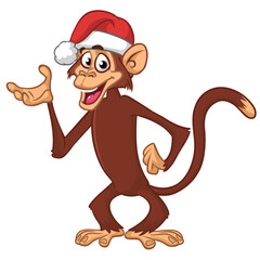 Cartoon funny brown monkey chimpanzee wearing Santa hat. Vector illustration for Christmas or New Year party