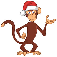 Cartoon funny brown monkey chimpanzee wearing Santa hat. Vector illustration for Christmas or New Year party