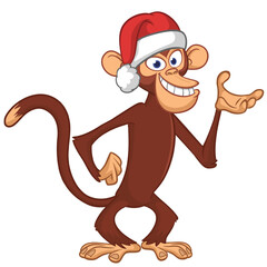 Cartoon funny brown monkey chimpanzee wearing Santa hat. Vector illustration for Christmas or New Year party