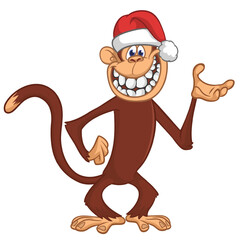 Cartoon funny brown monkey chimpanzee wearing Santa hat. Vector illustration for Christmas or New Year party