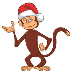 Cartoon funny brown monkey chimpanzee wearing Santa hat. Vector illustration for Christmas or New Year party