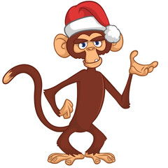 Cartoon funny brown monkey chimpanzee wearing Santa hat. Vector illustration for Christmas or New Year party