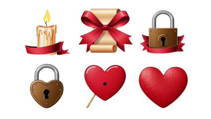 Romantic Love Vector Icons Set with Hearts Candle Lock and Ribbon on White Background