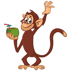 Cartoon funny monkey chimpanzee holding green coconut cocktail. Vector illustration isolated on white
