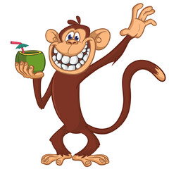 Cartoon funny monkey chimpanzee holding green coconut cocktail. Vector illustration isolated on white