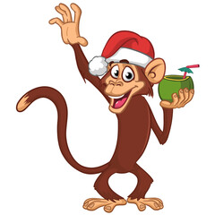 Cartoon funny brown monkey chimpanzee wearing Santa hat. Vector illustration for Christmas or New Year party