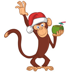 Cartoon funny brown monkey chimpanzee wearing Santa hat. Vector illustration for Christmas or New Year party