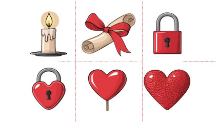 Romantic Love Vector Icons Set with Hearts Candle Lock and Ribbon on White Background