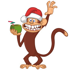 Cartoon funny brown monkey chimpanzee wearing Santa hat. Vector illustration for Christmas or New Year party