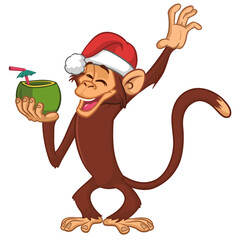 Cartoon funny brown monkey chimpanzee wearing Santa hat. Vector illustration for Christmas or New Year party