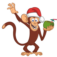 Cartoon funny brown monkey chimpanzee wearing Santa hat. Vector illustration for Christmas or New Year party