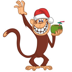 Cartoon funny brown monkey chimpanzee wearing Santa hat. Vector illustration for Christmas or New Year party