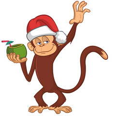 Cartoon funny brown monkey chimpanzee wearing Santa hat. Vector illustration for Christmas or New Year party