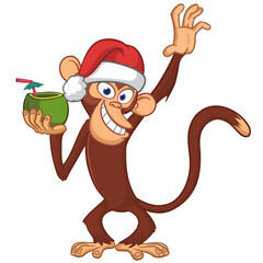 Cartoon funny brown monkey chimpanzee wearing Santa hat. Vector illustration for Christmas or New Year party