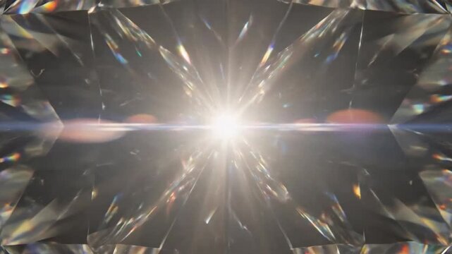 Close-up view captures refracted light through a multifaceted crystal structure, creating a mesmerizing visual effect.