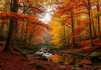Autumnal Serenity - A Tranquil Stream Through Vibrant Forest.
