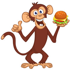 Cartoon funny monkey chimpanzee holding hamburger or cheesburger in his hands. Vector illustration of happy monkey character design isolated.