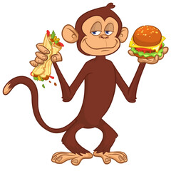 Cartoon funny monkey chimpanzee holding falafel or kebab and hamburger in his hands. Vector illustration of happy monkey character design isolated.