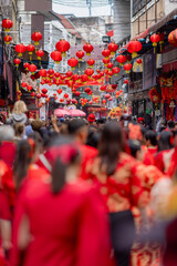 Red lantern decorated during lunar new year celebration on street in chinatown.