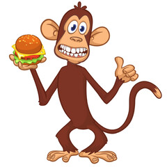 Cartoon funny monkey chimpanzee holding hamburger or cheesburger in his hands. Vector illustration of happy monkey character design isolated.